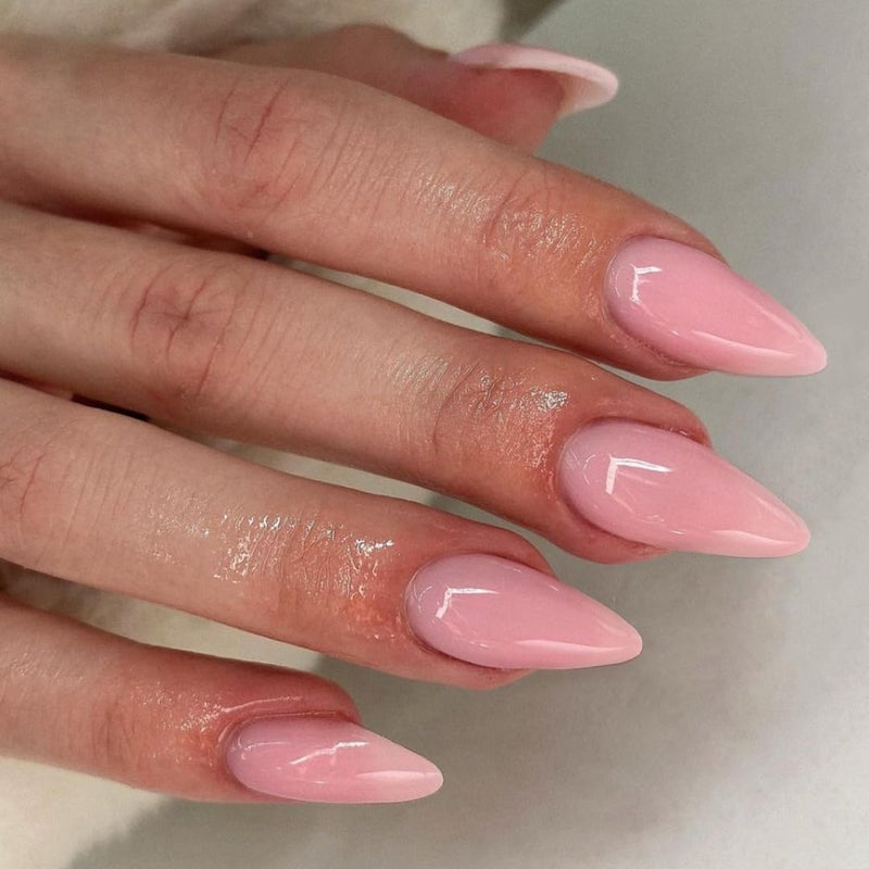 KQueenest Rose Pink Press on Nails Medium Stiletto Almond, Glossy Press on Acrylic Nails Set,Reusable Medium Fake Nails for Women Nails Art Manicure in 24 PCS - Image 1
